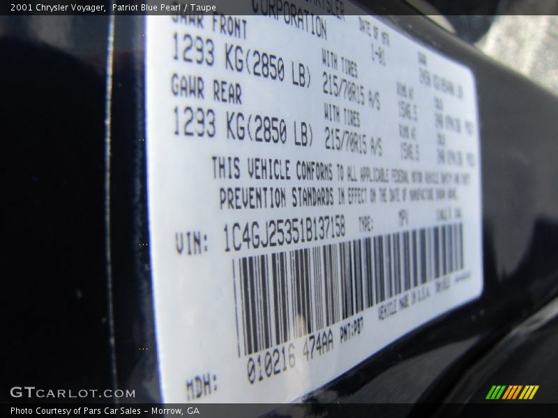 2001 Voyager  Patriot Blue Pearl Color Code PB7