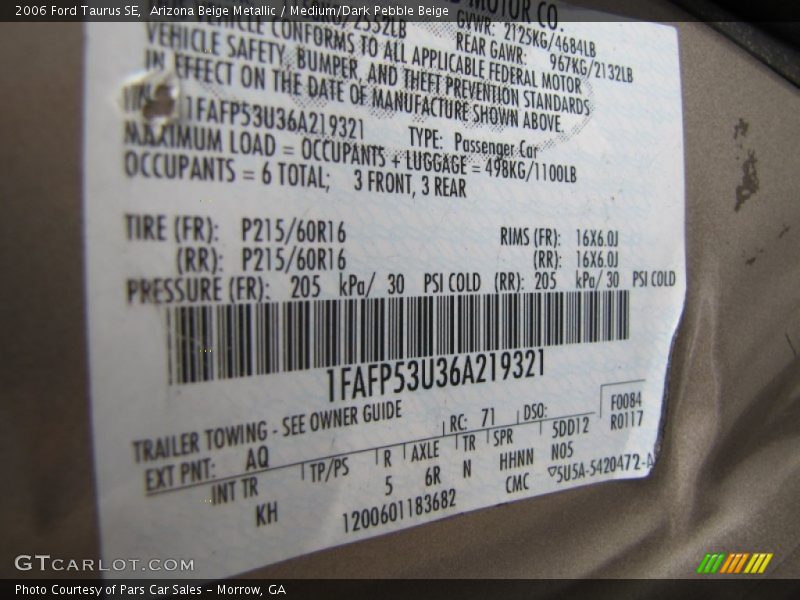2006 Taurus SE Arizona Beige Metallic Color Code AQ