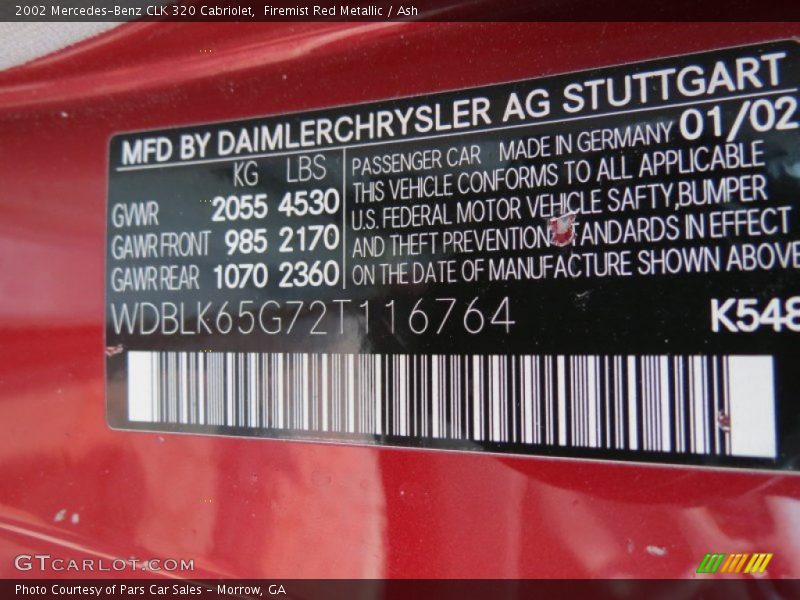 2002 CLK 320 Cabriolet Firemist Red Metallic Color Code 548