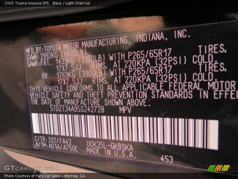 Black / Light Charcoal 2005 Toyota Sequoia SR5