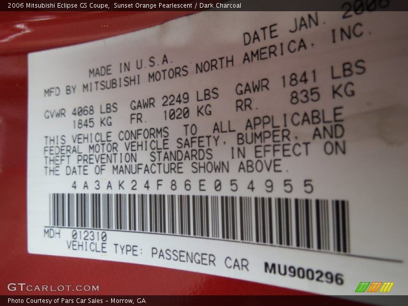 Sunset Orange Pearlescent / Dark Charcoal 2006 Mitsubishi Eclipse GS Coupe