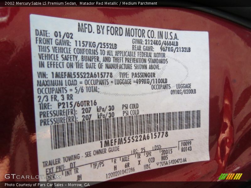 2002 Sable LS Premium Sedan Matador Red Metallic Color Code DT