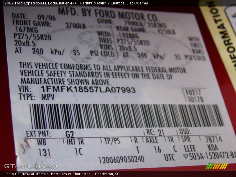 2007 Expedition EL Eddie Bauer 4x4 Redfire Metallic Color Code G2