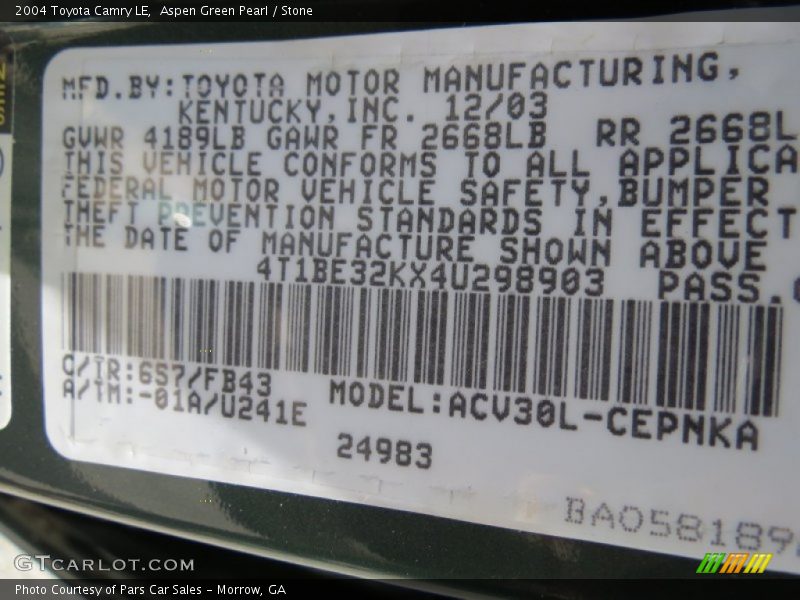 2004 Camry LE Aspen Green Pearl Color Code 6S7