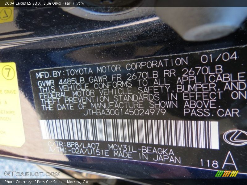 2004 ES 330 Blue Onyx Pearl Color Code 8P8