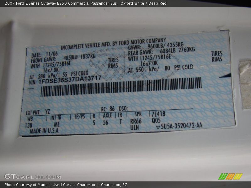 Oxford White / Deep Red 2007 Ford E Series Cutaway E350 Commercial Passenger Bus