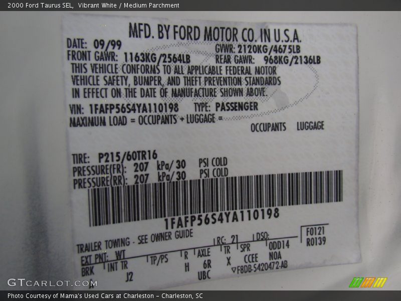 Vibrant White / Medium Parchment 2000 Ford Taurus SEL