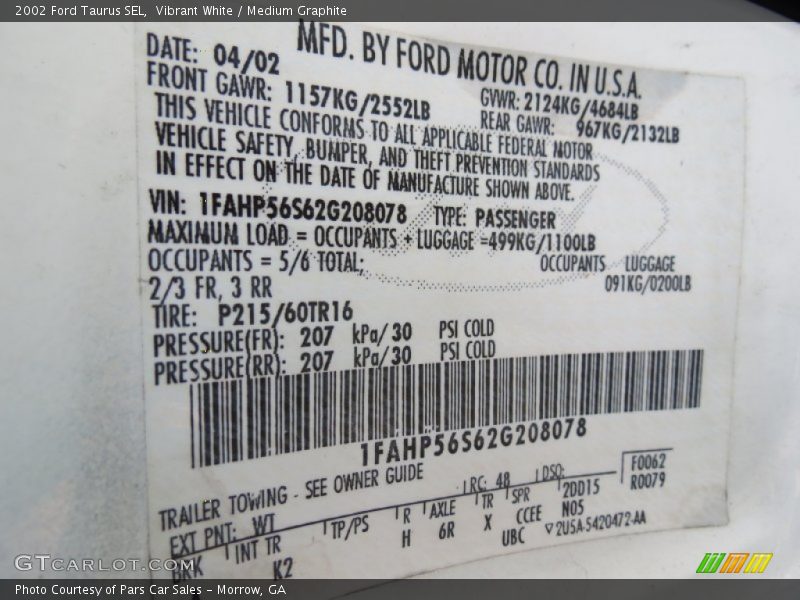 2002 Taurus SEL Vibrant White Color Code WT