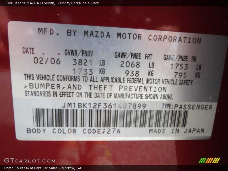 2006 MAZDA3 i Sedan Velocity Red Mica Color Code 27A
