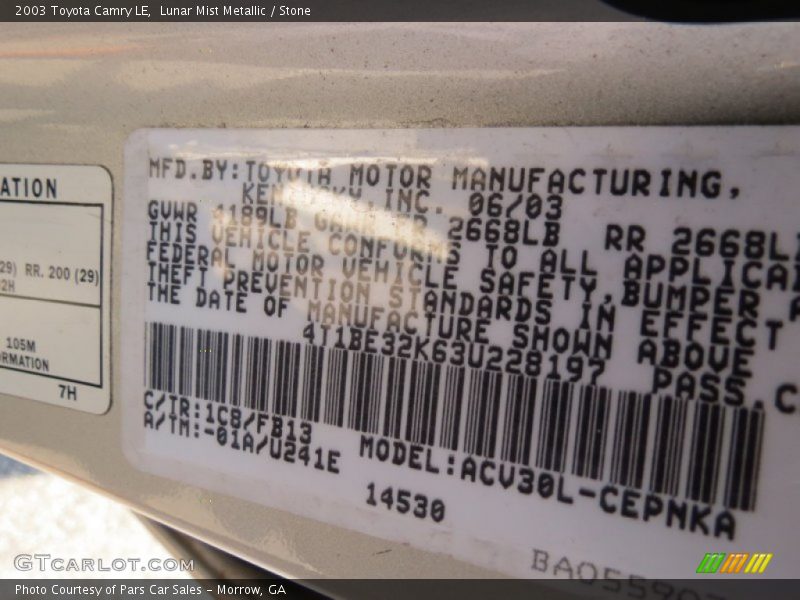 Lunar Mist Metallic / Stone 2003 Toyota Camry LE