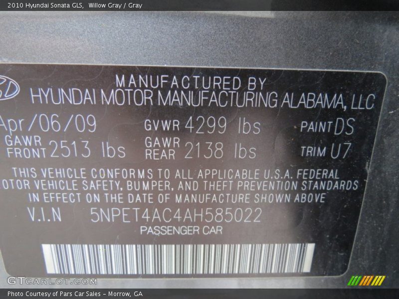 Willow Gray / Gray 2010 Hyundai Sonata GLS