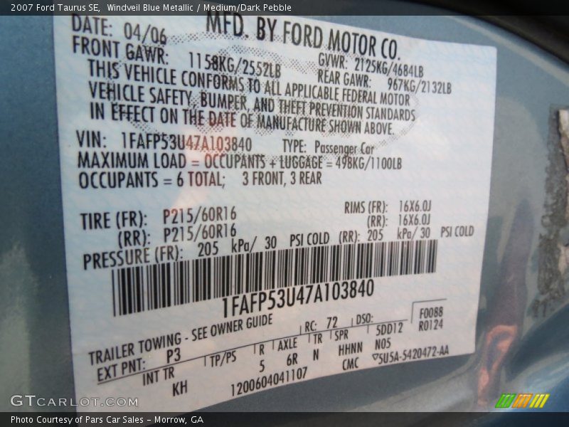 2007 Taurus SE Windveil Blue Metallic Color Code P3