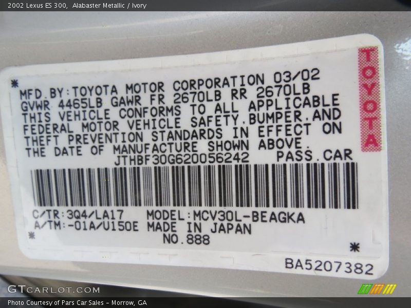 2002 ES 300 Alabaster Metallic Color Code 3Q4