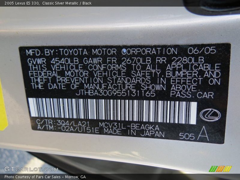 Classic Silver Metallic / Black 2005 Lexus ES 330