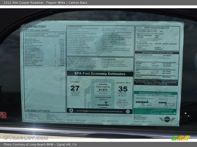  2012 Cooper Roadster Window Sticker