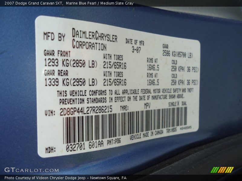 Marine Blue Pearl / Medium Slate Gray 2007 Dodge Grand Caravan SXT