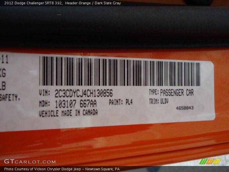2012 Challenger SRT8 392 Header Orange Color Code PL4