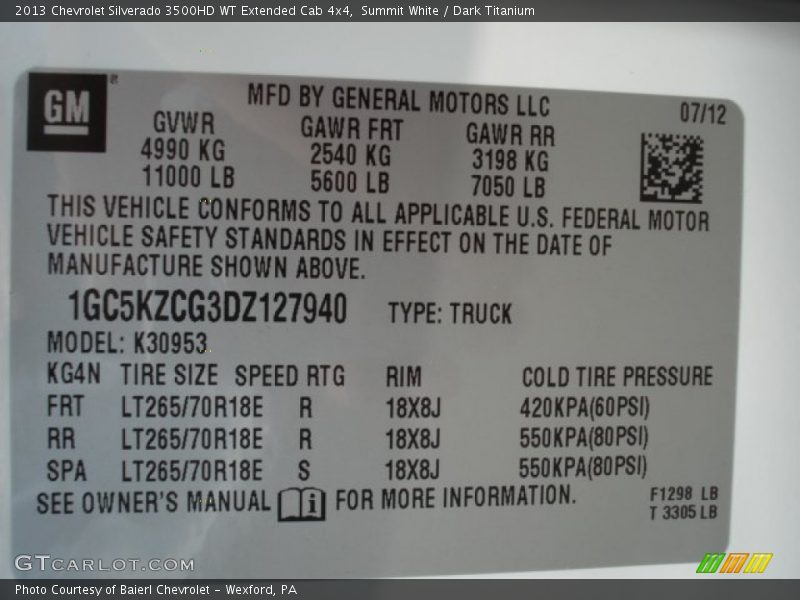 Summit White / Dark Titanium 2013 Chevrolet Silverado 3500HD WT Extended Cab 4x4