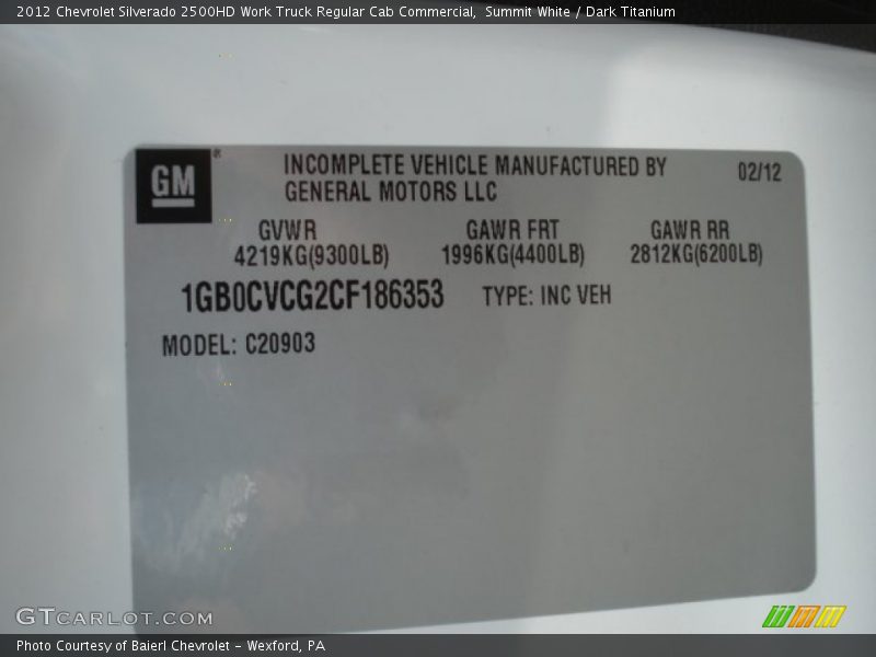 Summit White / Dark Titanium 2012 Chevrolet Silverado 2500HD Work Truck Regular Cab Commercial
