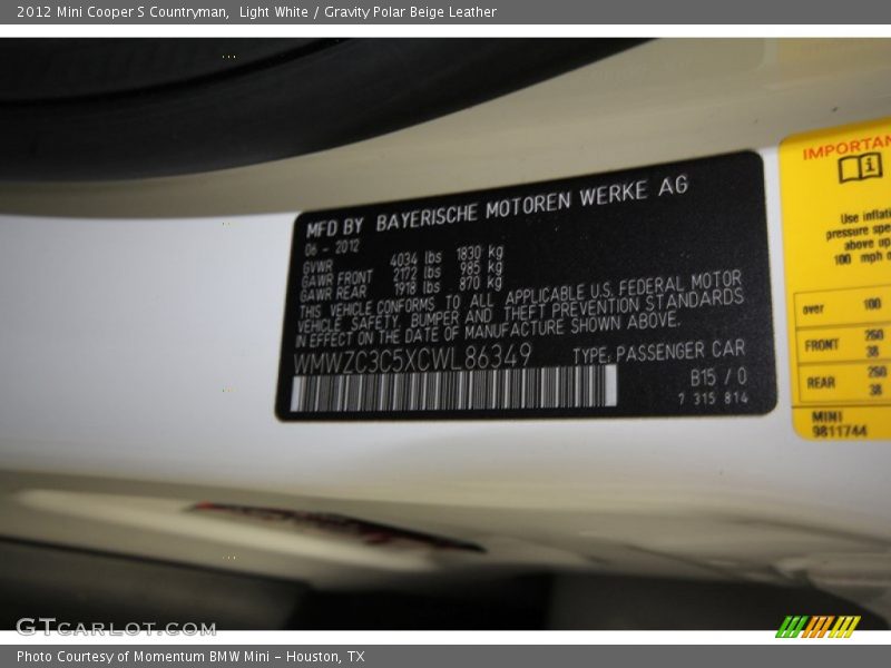 Light White / Gravity Polar Beige Leather 2012 Mini Cooper S Countryman