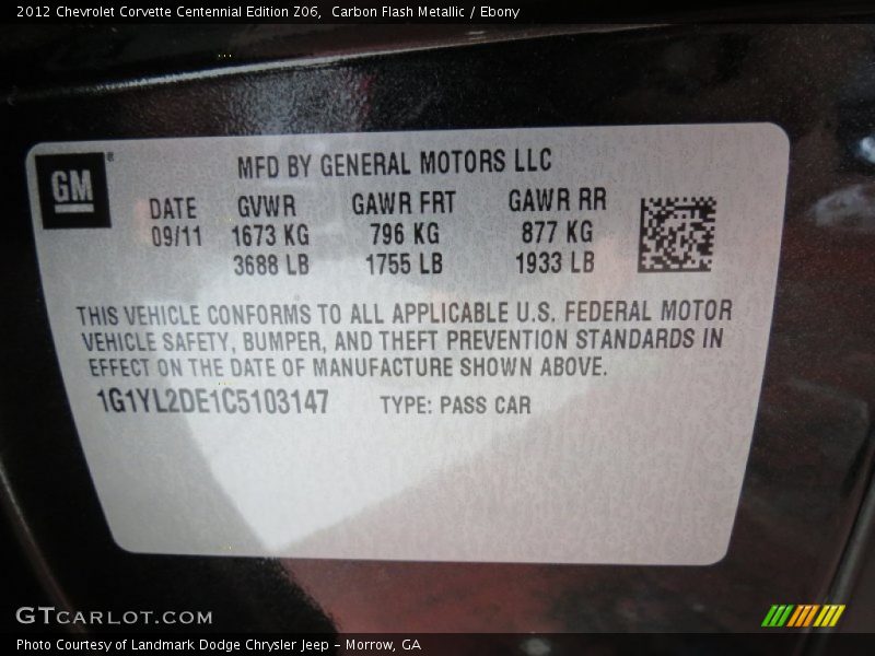 Info Tag of 2012 Corvette Centennial Edition Z06