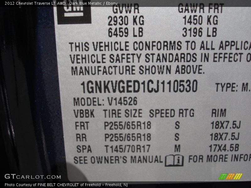 Dark Blue Metallic / Ebony 2012 Chevrolet Traverse LT AWD