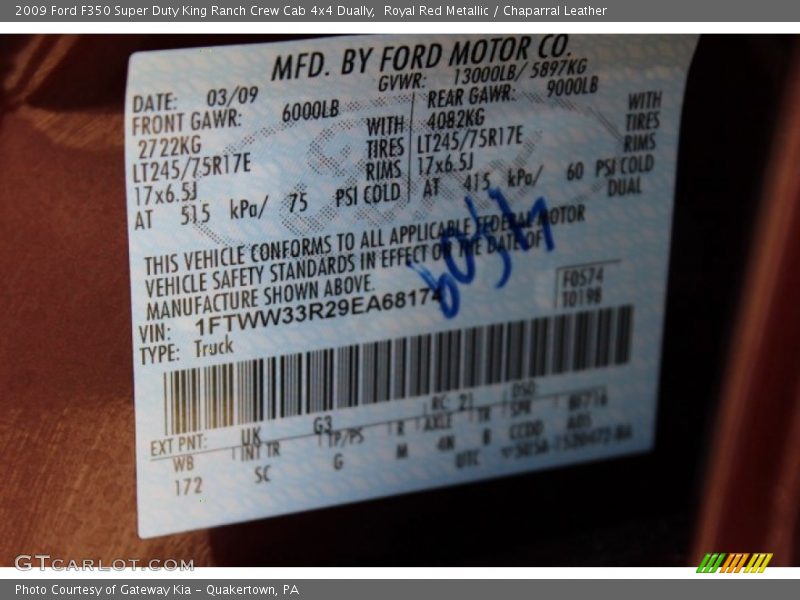 2009 F350 Super Duty King Ranch Crew Cab 4x4 Dually Royal Red Metallic Color Code UK