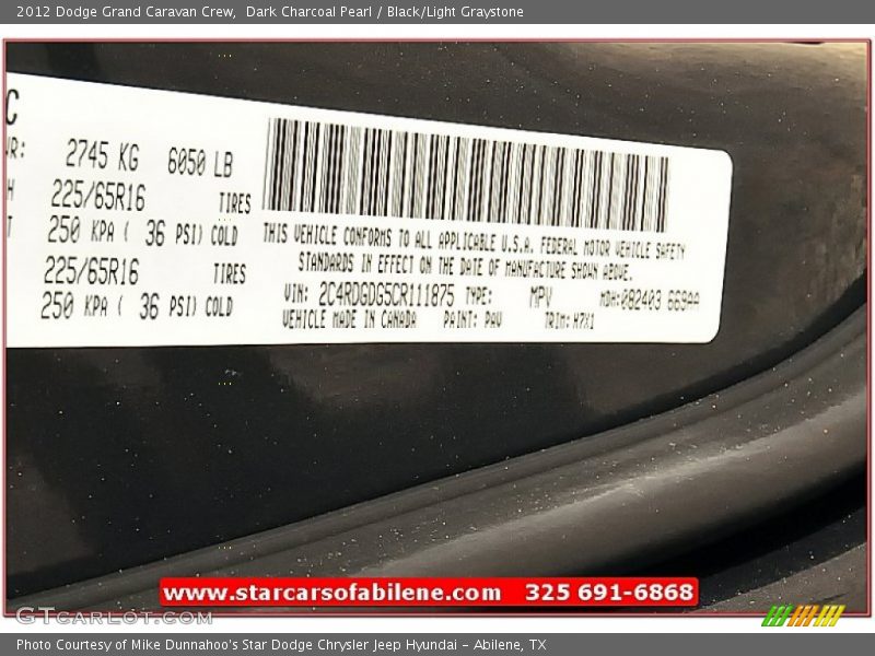 Dark Charcoal Pearl / Black/Light Graystone 2012 Dodge Grand Caravan Crew