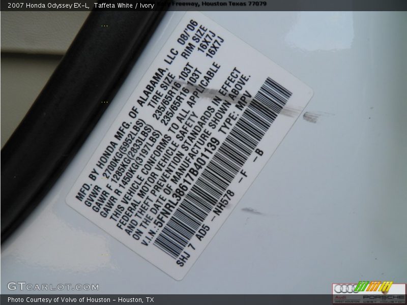 Taffeta White / Ivory 2007 Honda Odyssey EX-L