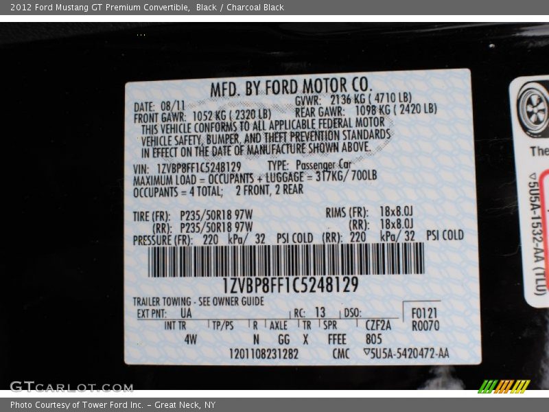 2012 Mustang GT Premium Convertible Black Color Code UA