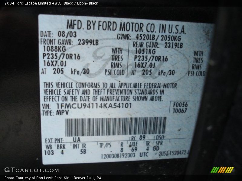 Black / Ebony Black 2004 Ford Escape Limited 4WD