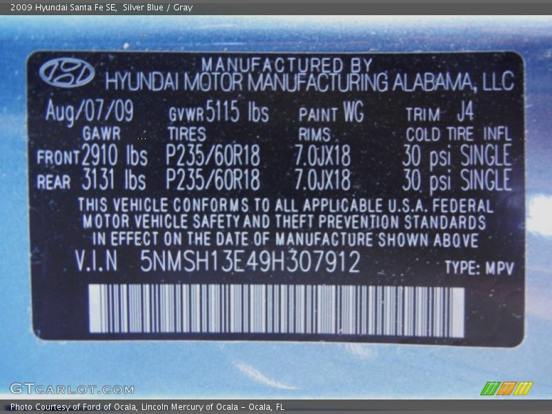 Silver Blue / Gray 2009 Hyundai Santa Fe SE