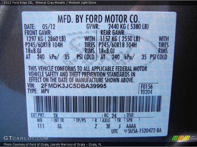 Mineral Gray Metallic / Medium Light Stone 2013 Ford Edge SEL