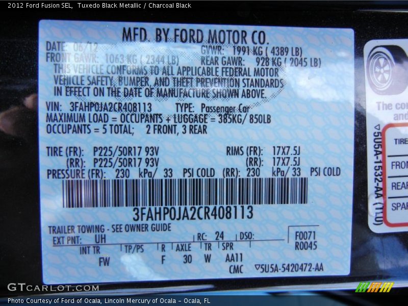 Tuxedo Black Metallic / Charcoal Black 2012 Ford Fusion SEL