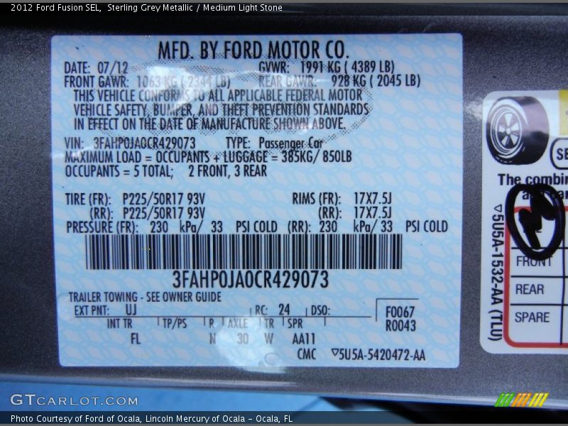 Sterling Grey Metallic / Medium Light Stone 2012 Ford Fusion SEL