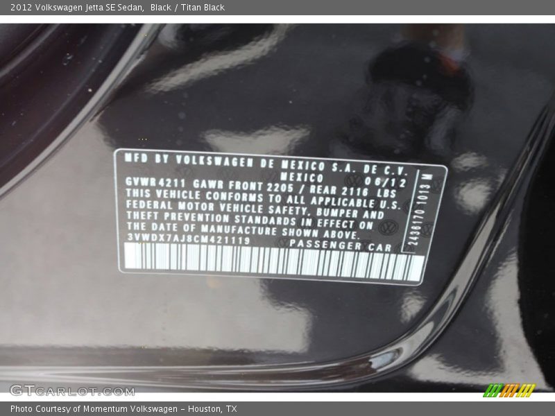 Black / Titan Black 2012 Volkswagen Jetta SE Sedan