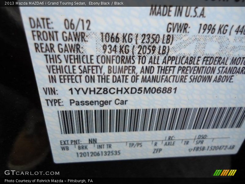 2013 MAZDA6 i Grand Touring Sedan Ebony Black Color Code NN