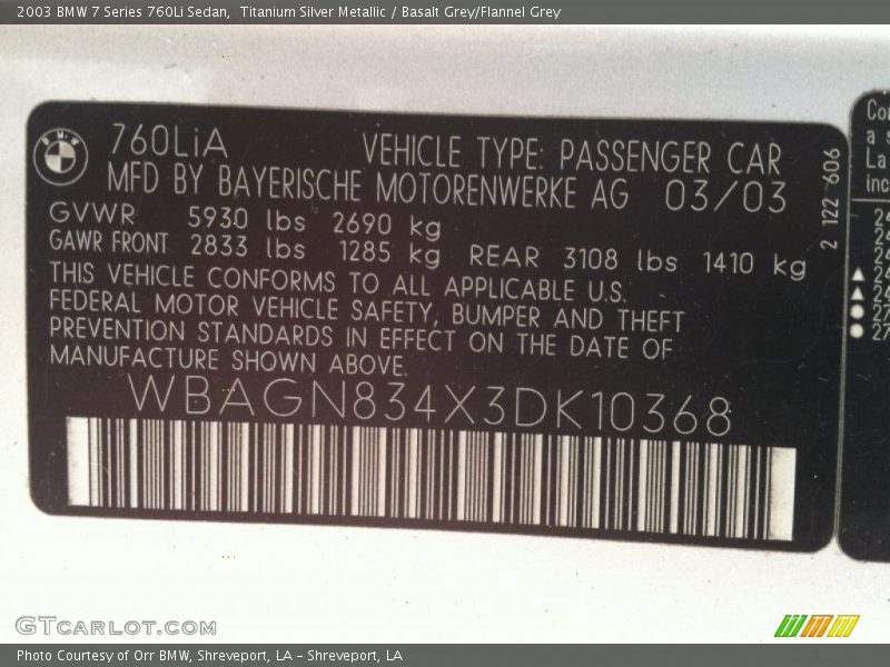 Titanium Silver Metallic / Basalt Grey/Flannel Grey 2003 BMW 7 Series 760Li Sedan