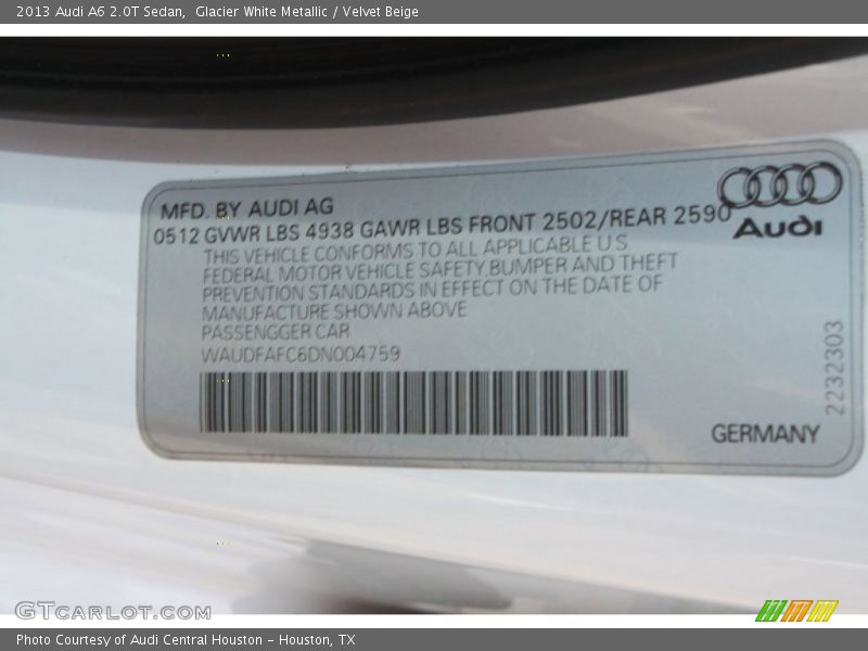 Glacier White Metallic / Velvet Beige 2013 Audi A6 2.0T Sedan