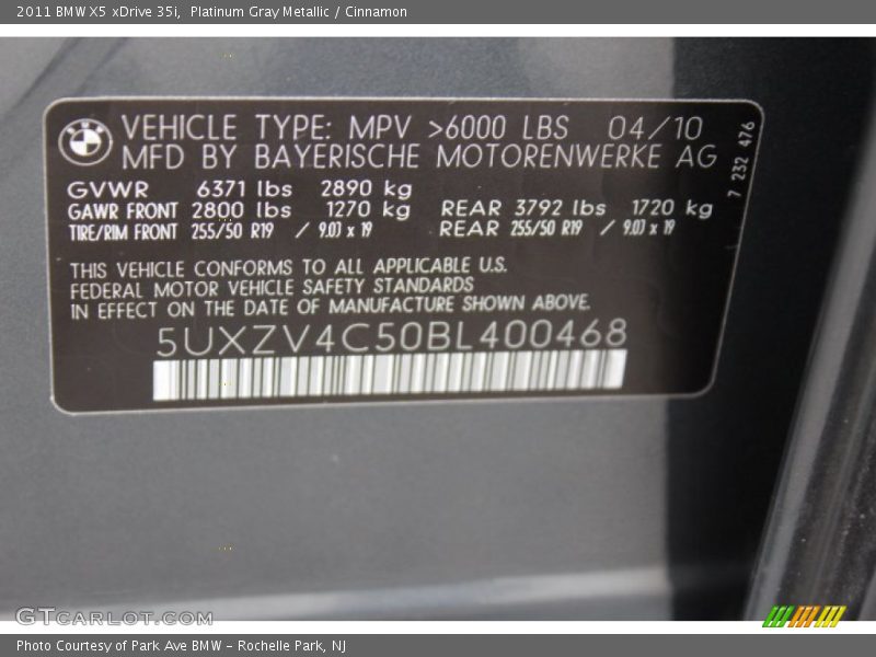 Platinum Gray Metallic / Cinnamon 2011 BMW X5 xDrive 35i