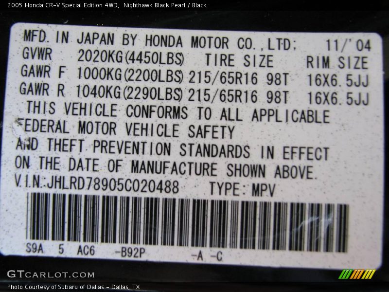 Nighthawk Black Pearl / Black 2005 Honda CR-V Special Edition 4WD