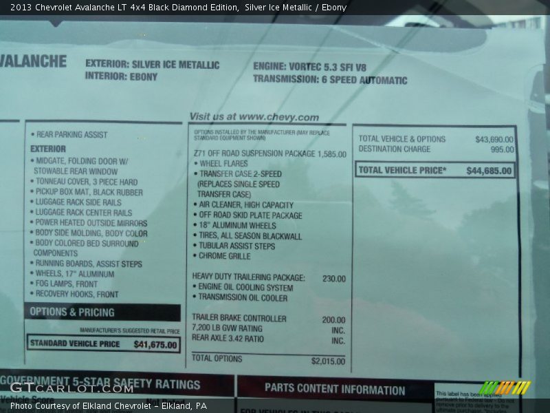  2013 Avalanche LT 4x4 Black Diamond Edition Window Sticker