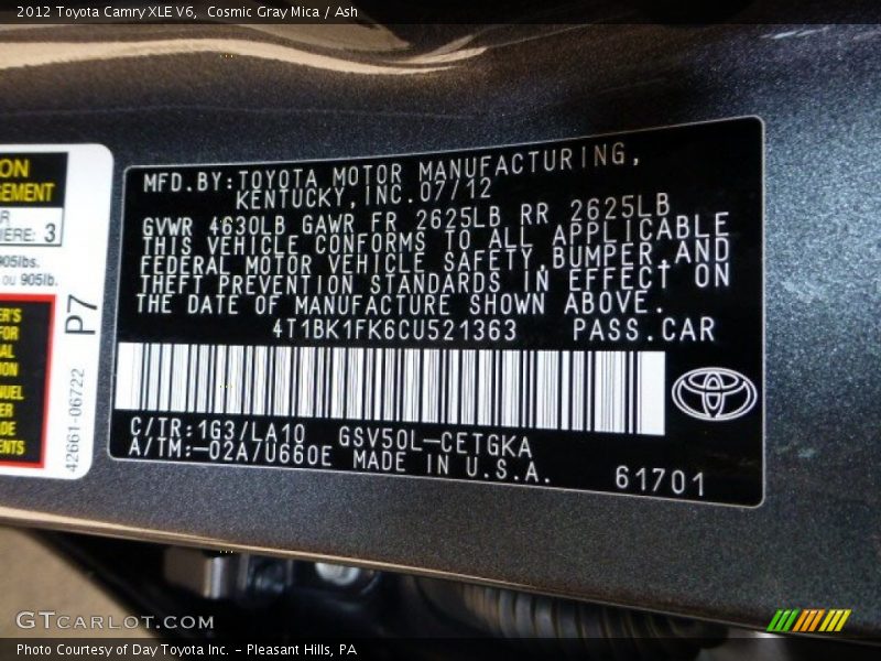 Cosmic Gray Mica / Ash 2012 Toyota Camry XLE V6