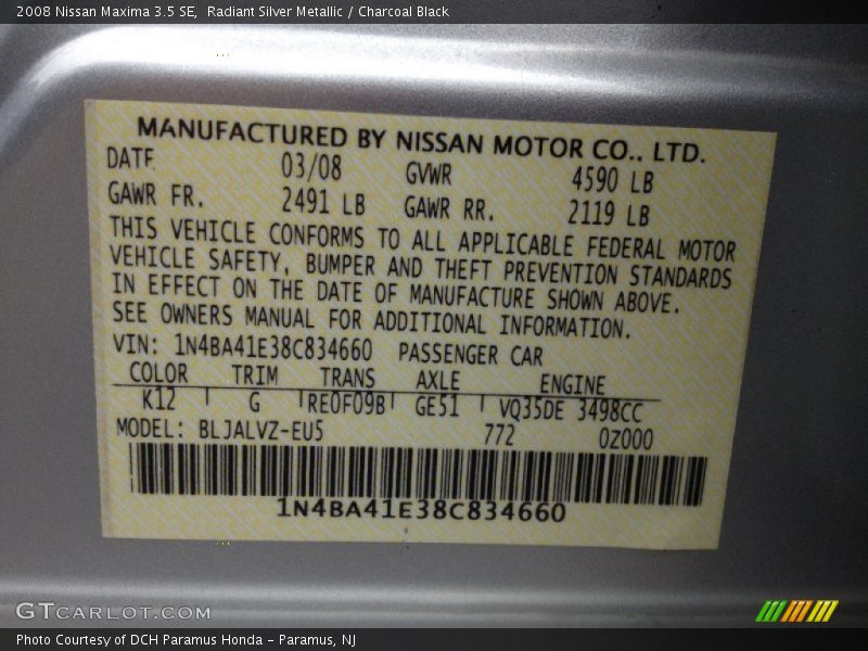 Radiant Silver Metallic / Charcoal Black 2008 Nissan Maxima 3.5 SE