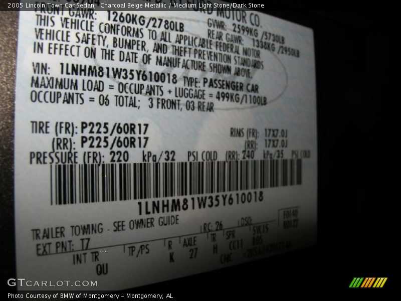 2005 Town Car Sedan Charcoal Beige Metallic Color Code T7