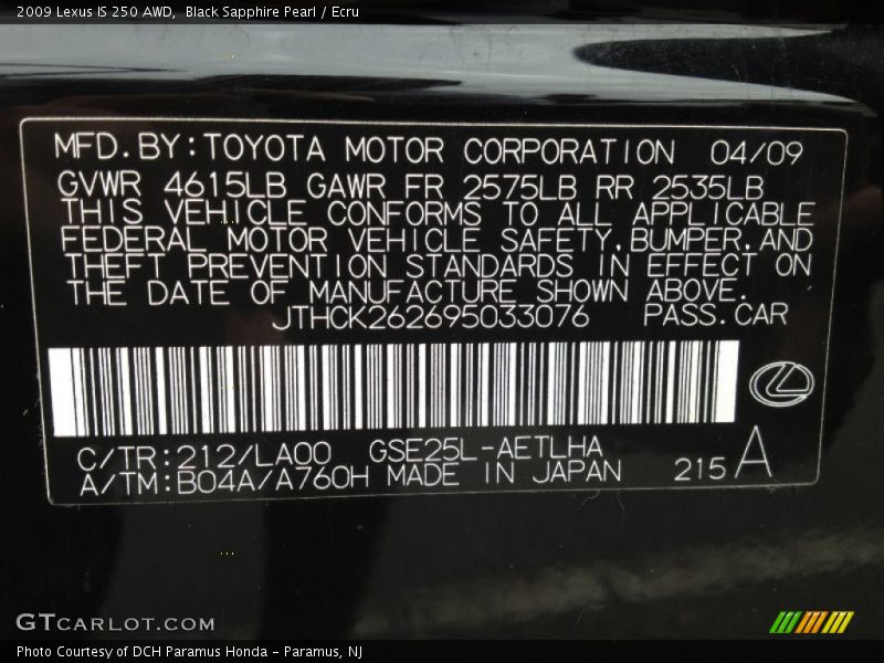 Black Sapphire Pearl / Ecru 2009 Lexus IS 250 AWD