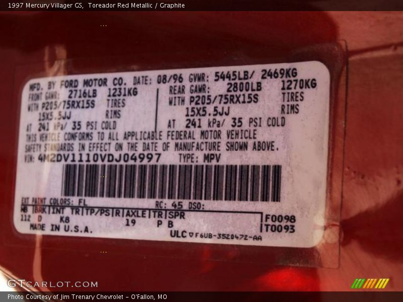 Toreador Red Metallic / Graphite 1997 Mercury Villager GS