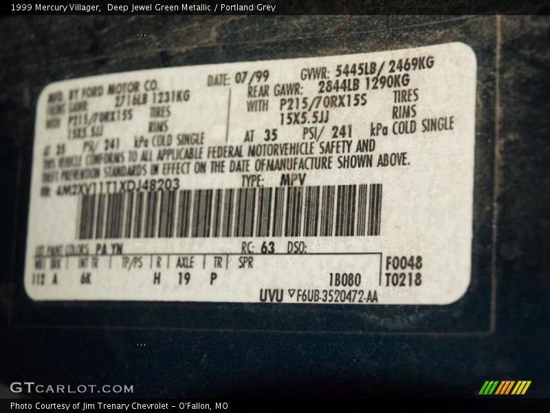 1999 Villager  Deep Jewel Green Metallic Color Code PA