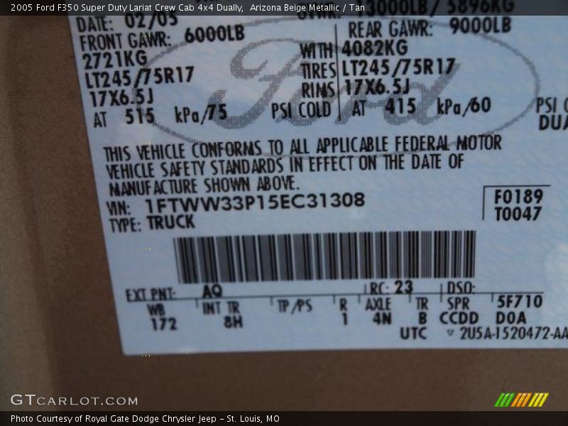 Arizona Beige Metallic / Tan 2005 Ford F350 Super Duty Lariat Crew Cab 4x4 Dually