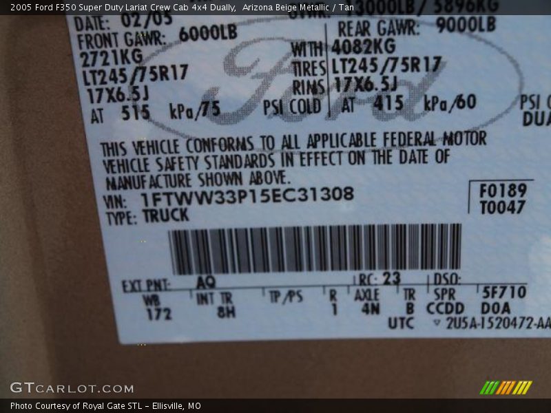 Arizona Beige Metallic / Tan 2005 Ford F350 Super Duty Lariat Crew Cab 4x4 Dually